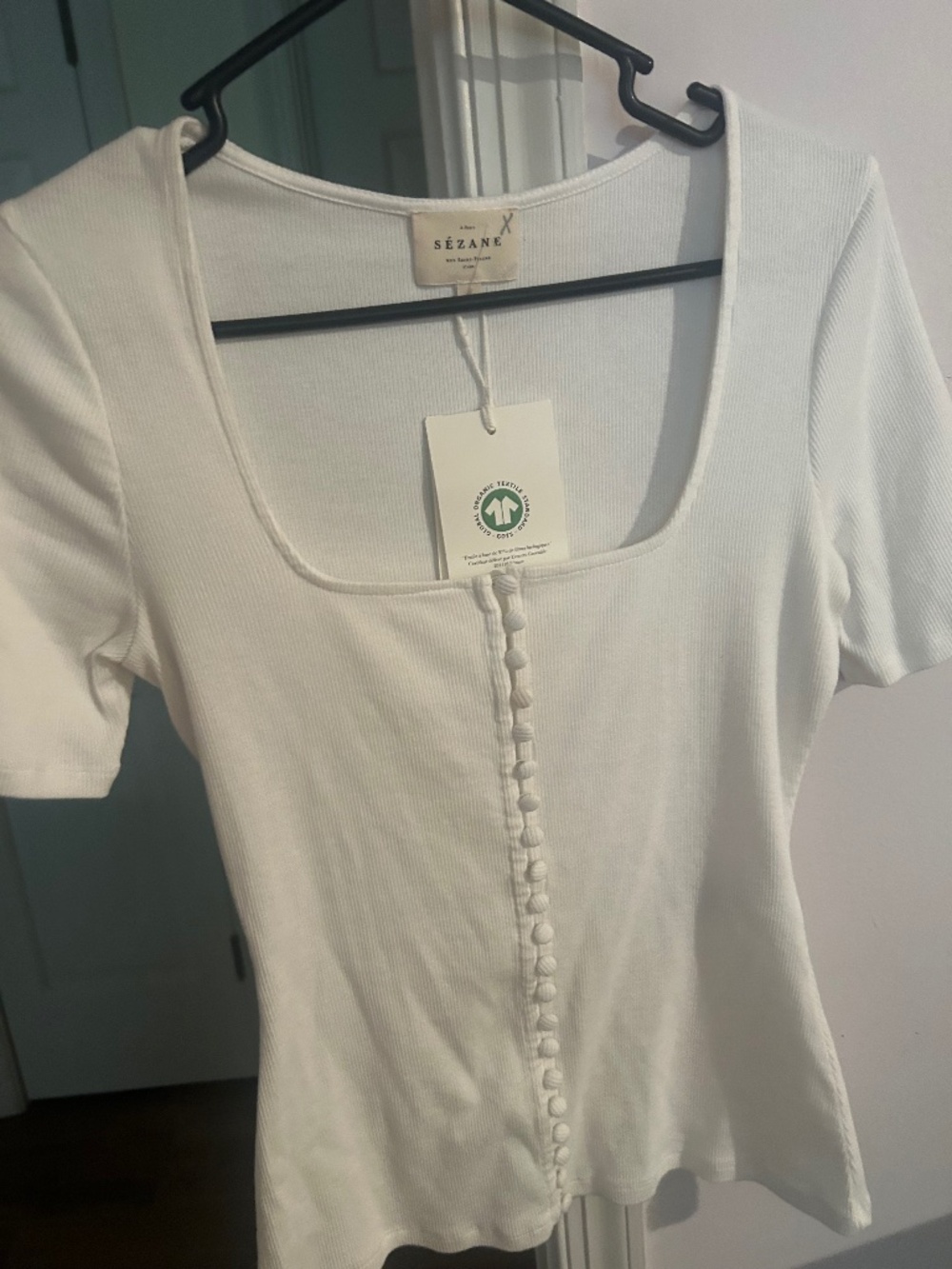 Sézane short sleeve button down square neck women’s top